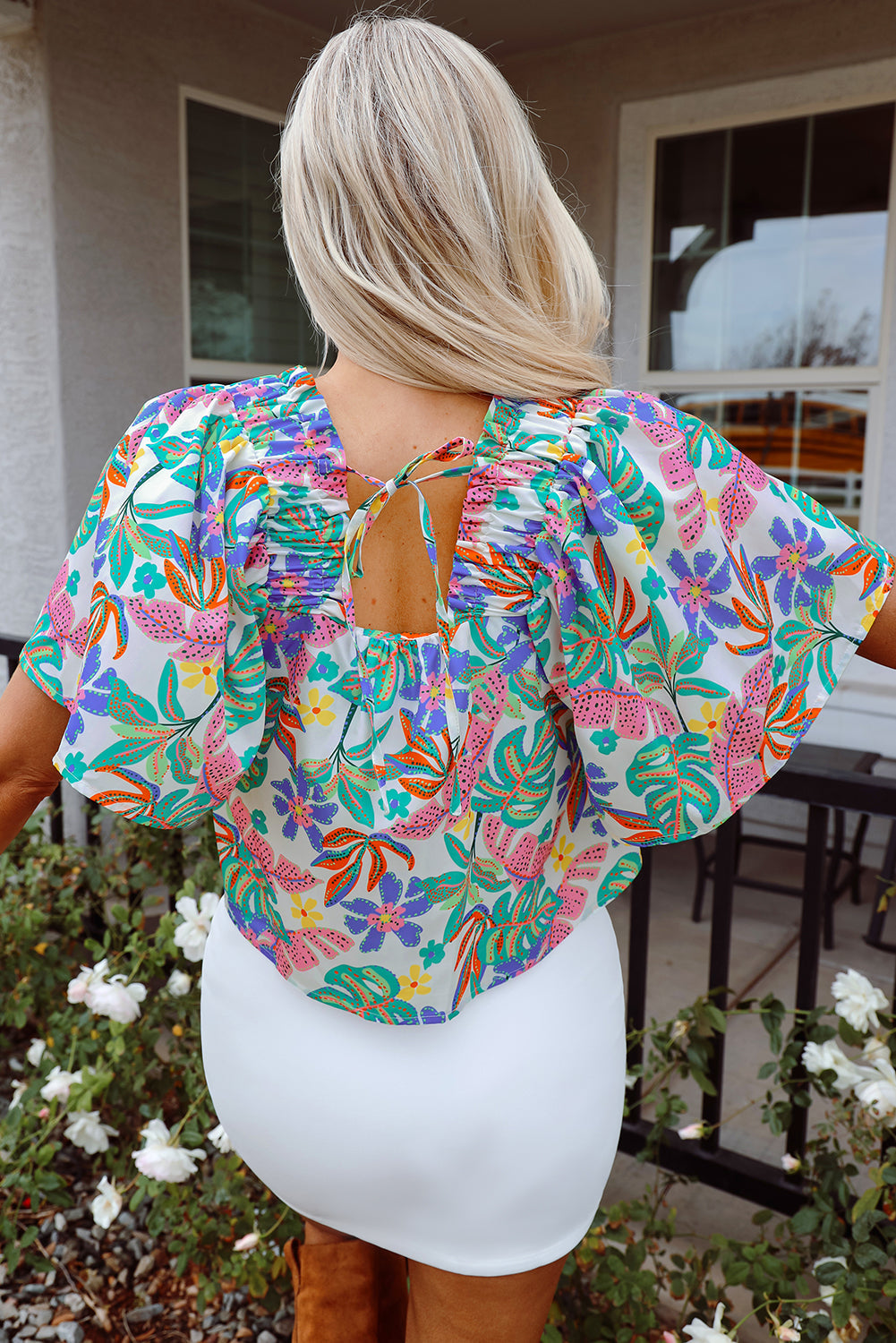 Plant Print Loose Fit Puff Sleeve Square Neck Cropped Blouse eAura