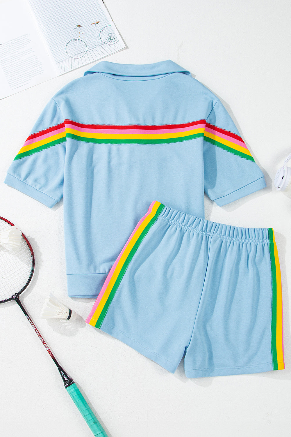 Sky Blue Rainbow Colourblock Collared Short Sleeve Top 2 Piece Shorts Set eAura