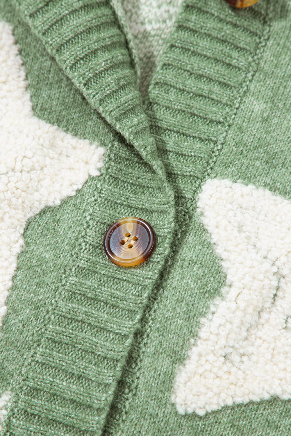 Green Sherpa Star Pattern Textured Sweater Cardigan with Pockets eAura