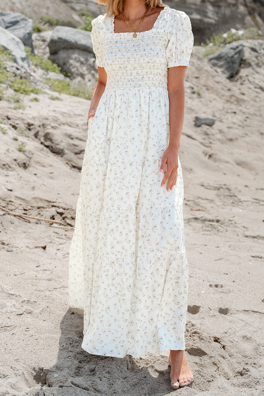 White Frilly Shirred Bodice Tiered Floral Maxi Dress eAura