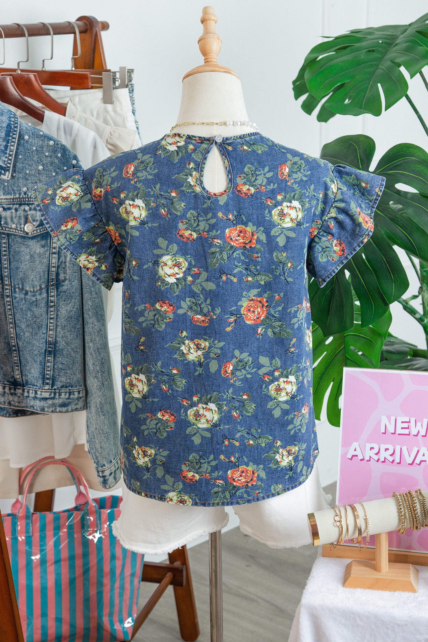 Ruffled Short Sleeve Floral Denim Top