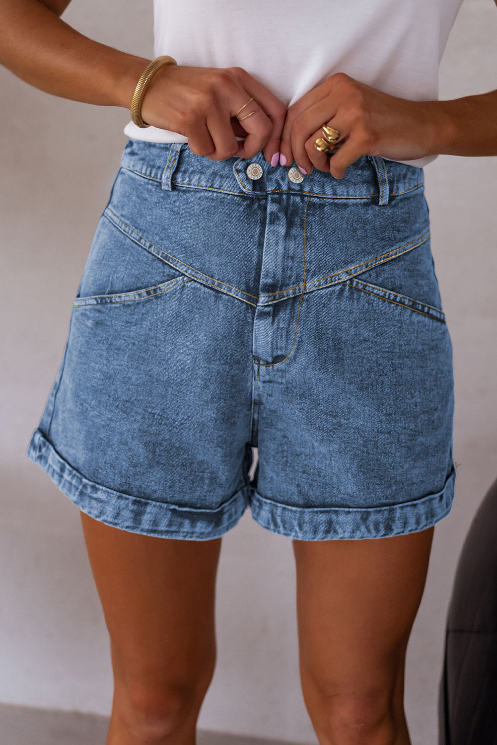 Cuffed Hem Denim Shorts with Seam Detail & Pockets