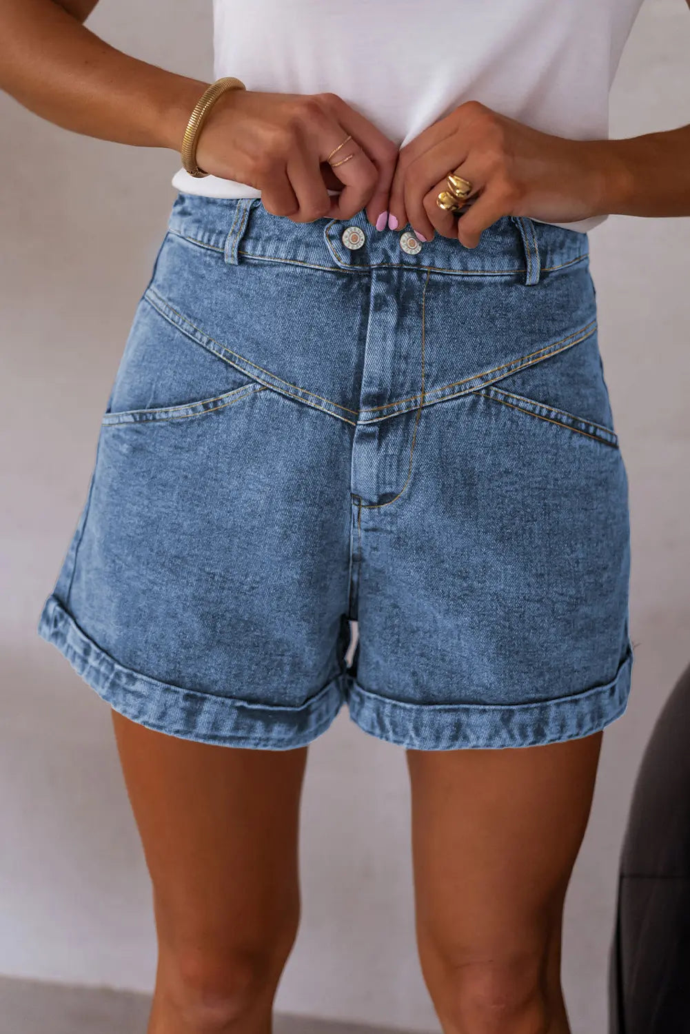 Cuffed Hem Denim Shorts with Seam Detail & Pockets