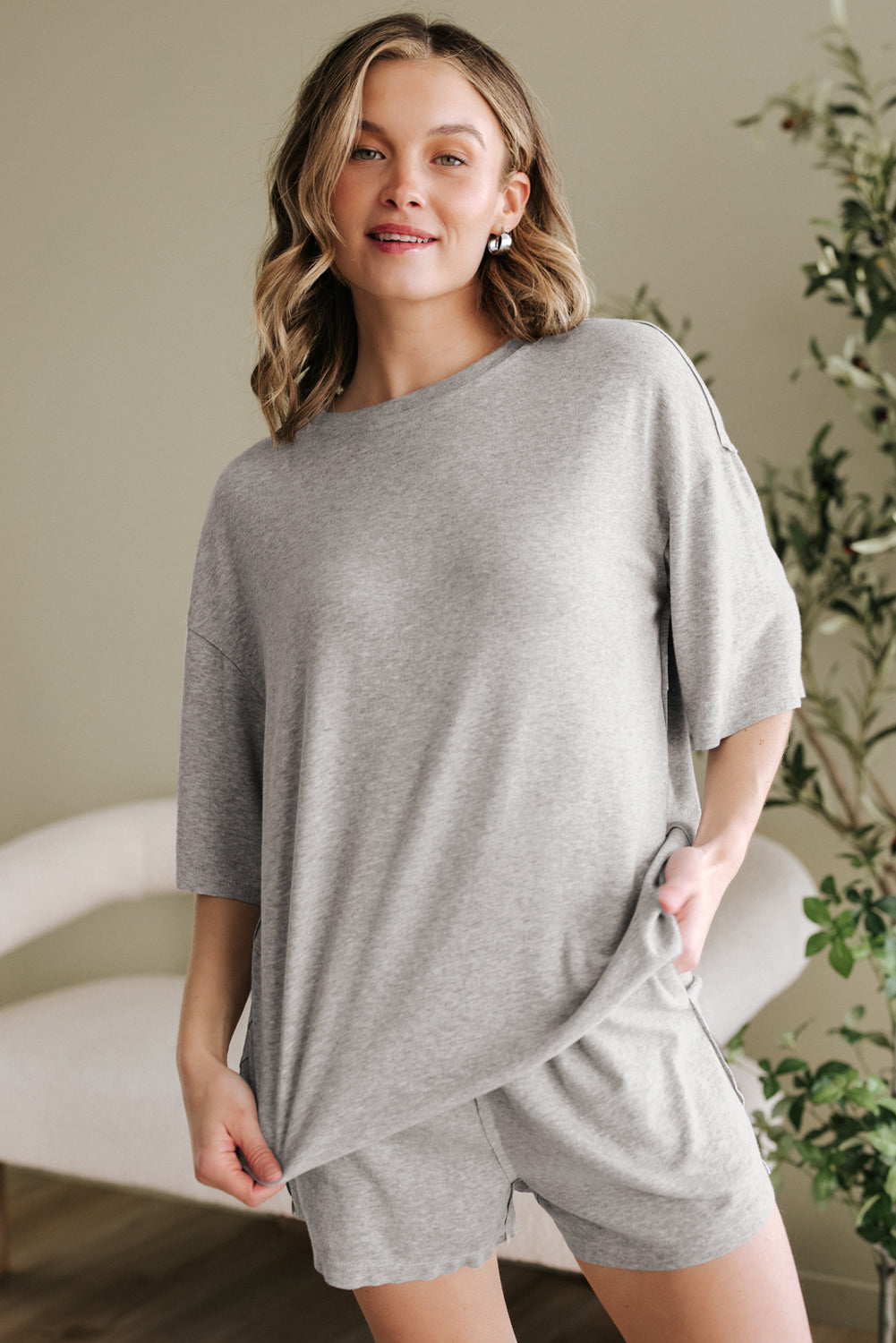 Grey Solid Colour Loose Tee 2 Piece Shorts Set eAura