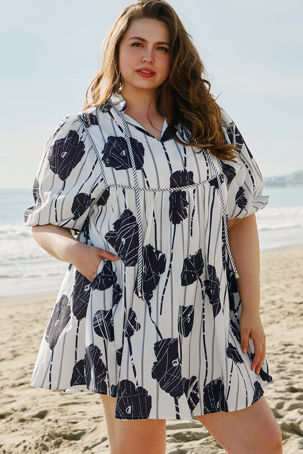 Black Plus Size Floral 3/4 Puff Sleeve Lace-up Neck Mini Dress BB Fashion Outlet
