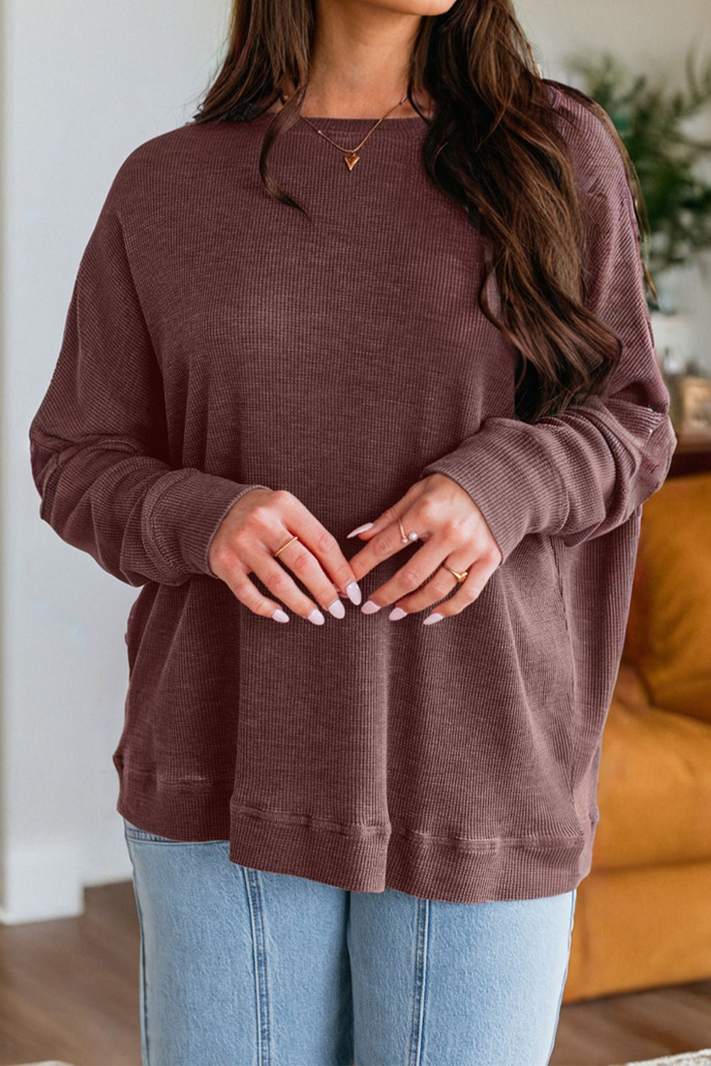 Waffle Textured Long Sleeve Loose Top eAura