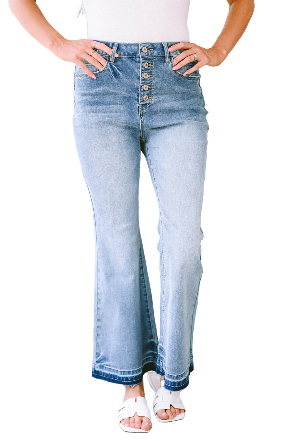 Sky Blue High Waist Buttoned Distressed Flared Jeans Beagle Boutique Fashion Outlet