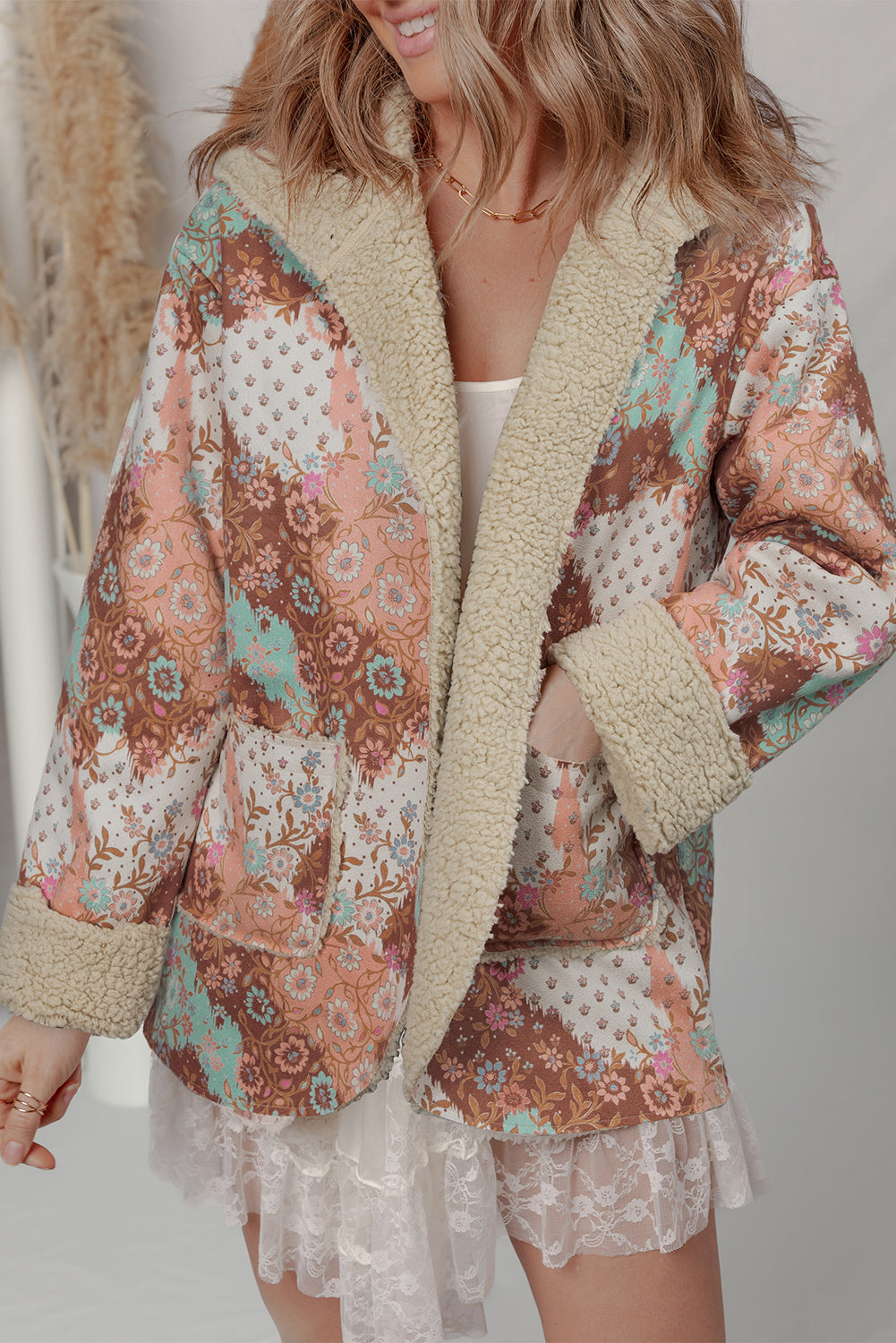 Khaki Vintage Floral Printed Sherpa Lined Hooded Jacket Dear-Lover Dropshipping