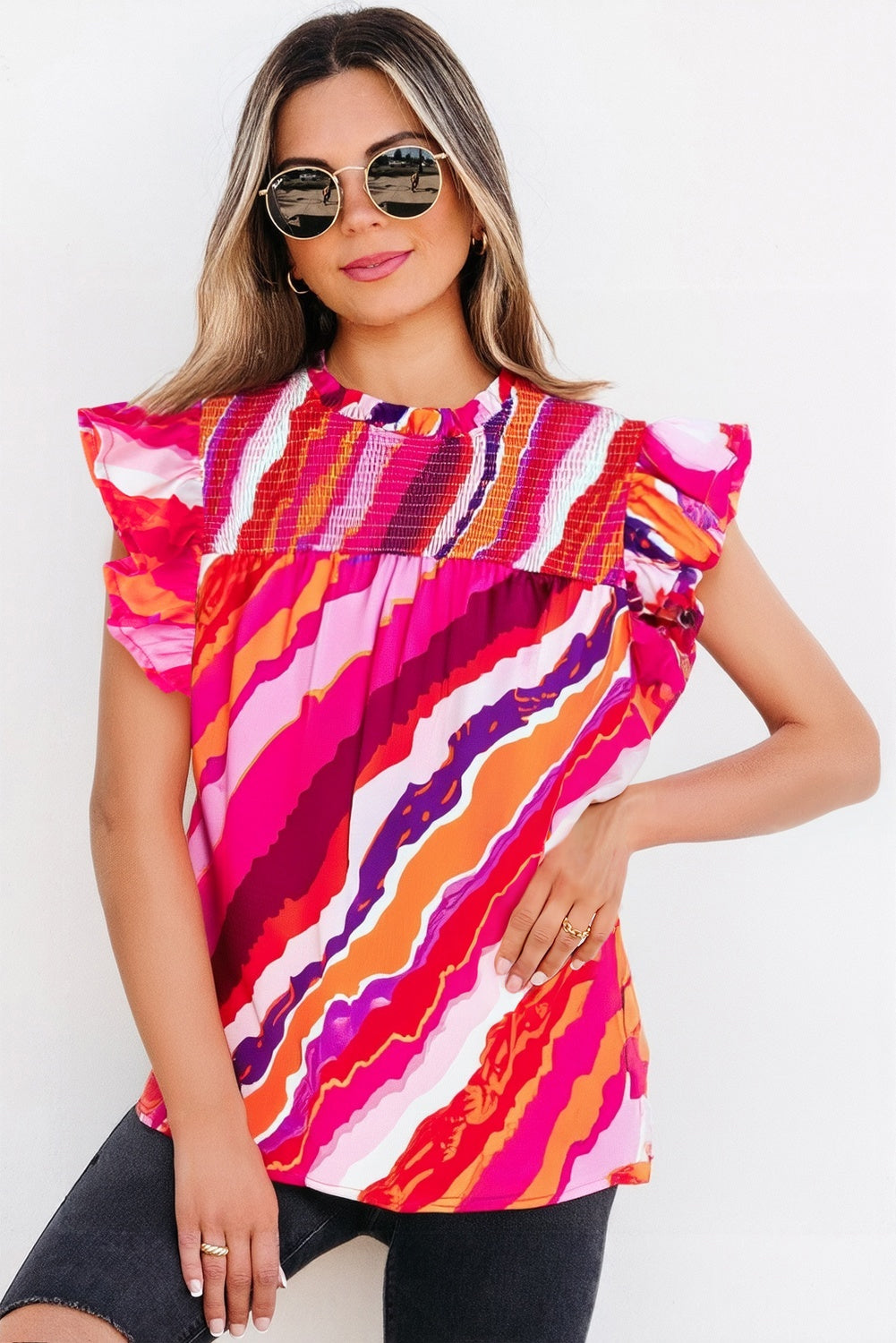 Rose Abstract Print Shirred Yoke Ruffled Blouse eAura