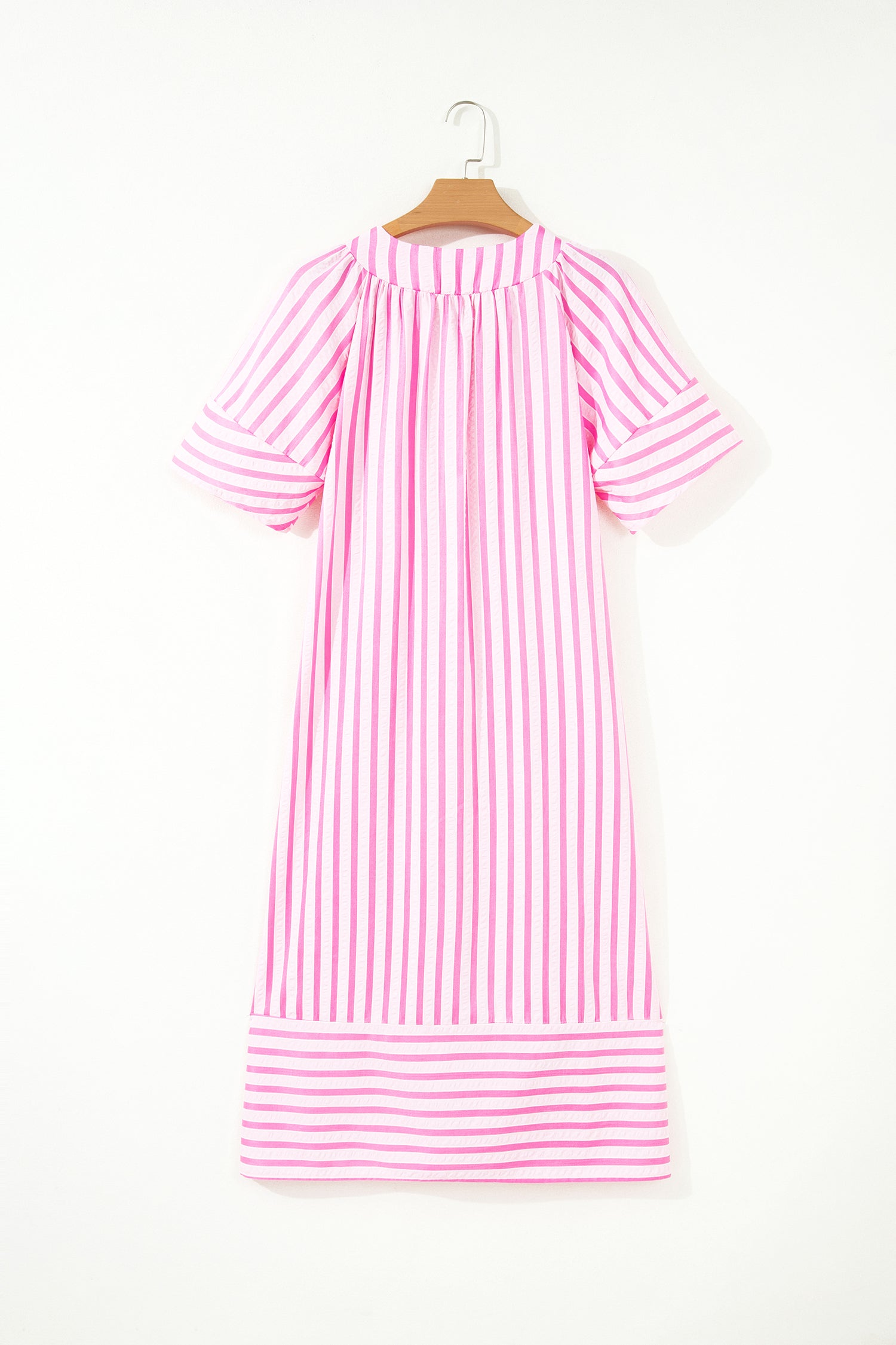 V Neck Short Sleeve Shift Long Dress – Pink Stripe