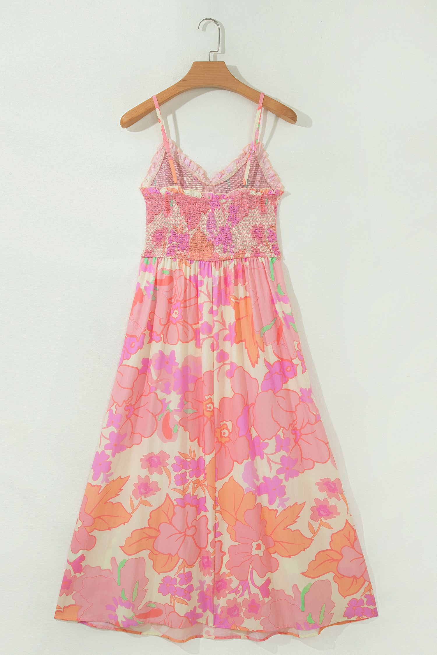 Spaghetti Straps Floral Shirred High Waist Dress – Pink