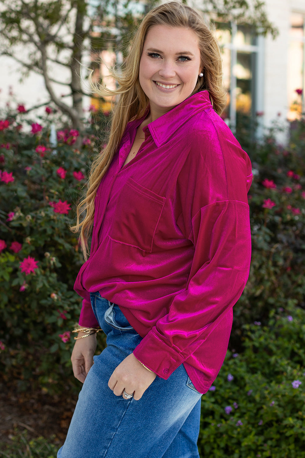Bright Pink Plus Size Velvet Chest Pocket Drop Shoulder Shirt Beagle Boutique Fashion Outlet