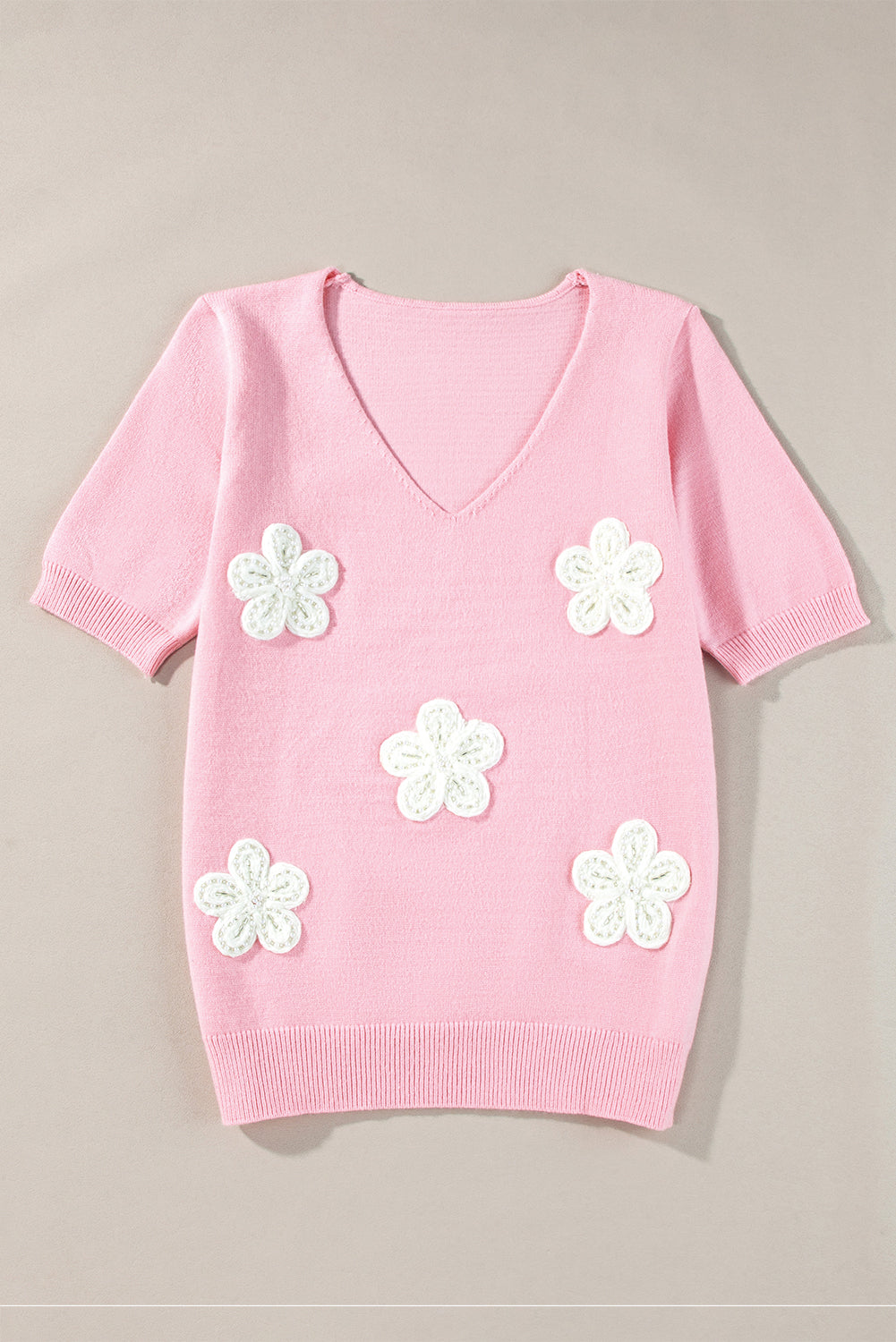 Pink Flower Crochet V Neck Short Sleeve Sweater eAura