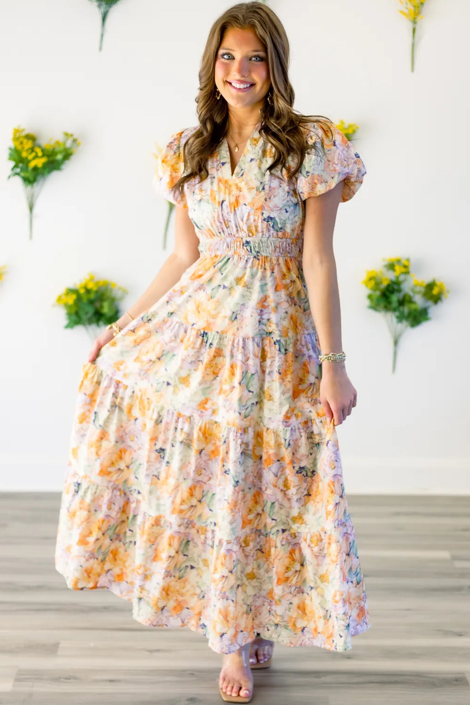 Floral Bubble Sleeve V-Neck Flared Maxi Dress