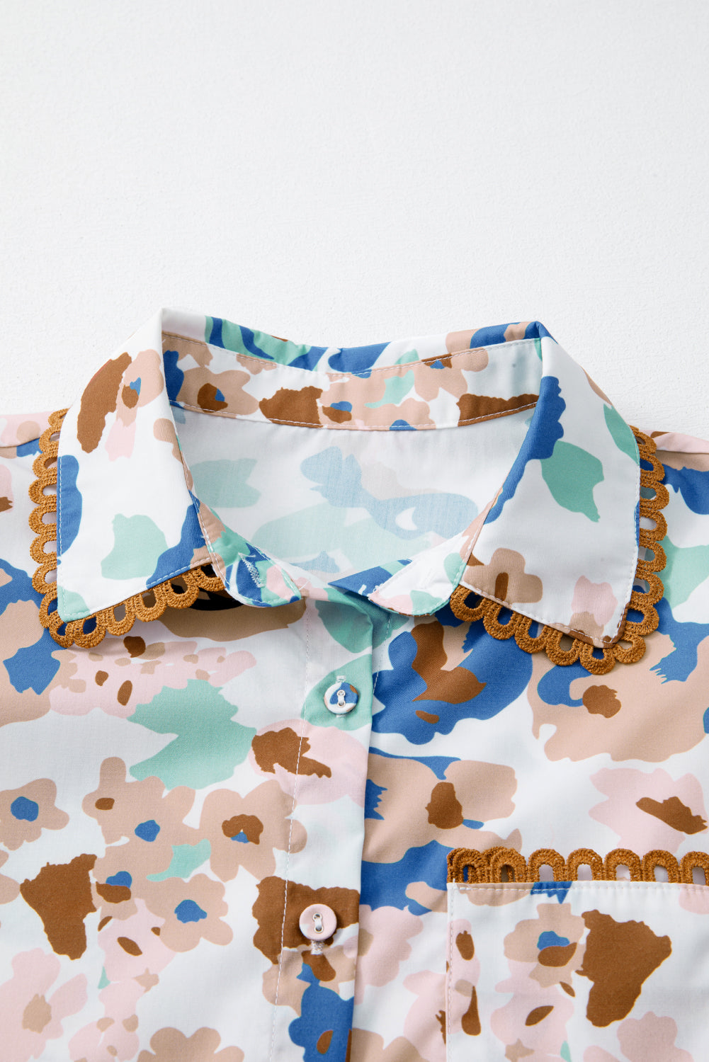 Multicolour Floral Print Ricrac Trim Collared Puff Short Sleeve Shirt eAura