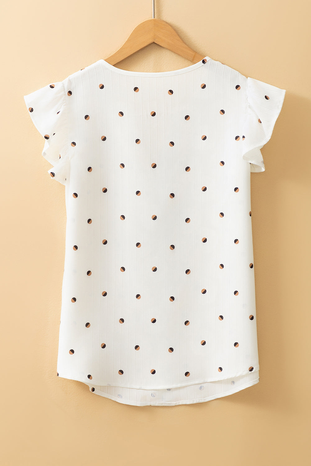 White Polka Dot Print Ruffled Shoulder V Neck Blouse eAura