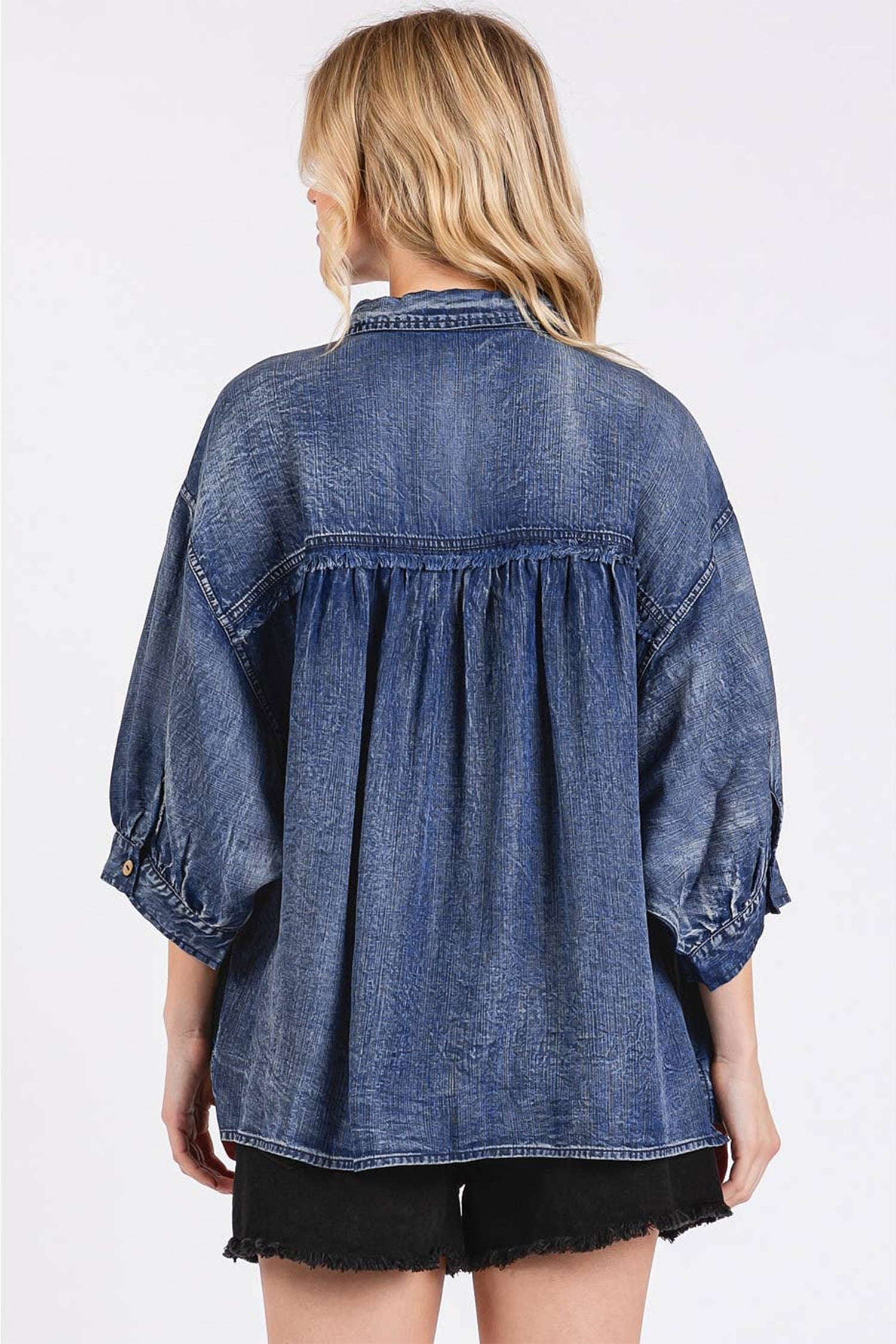 Three Quarter Sleeve Button Front Loose Denim Shirt – Dusk Blue