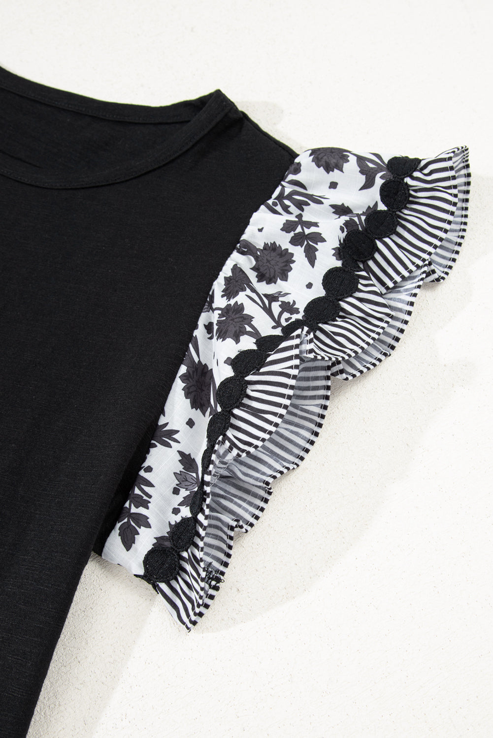 Black Ricrac Trim Printed Flutter Sleeve Contrast Patchwork Blouse BB Fashion Outlet