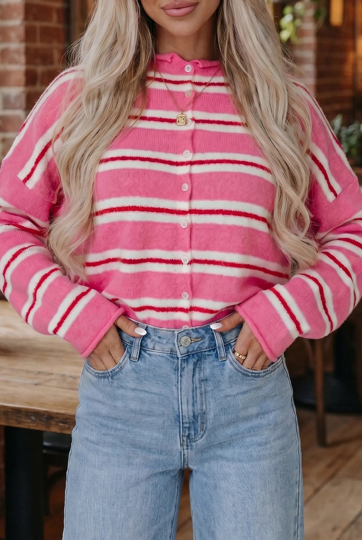 Striped Drop Shoulder Button Cardigan – Blue Stripe
