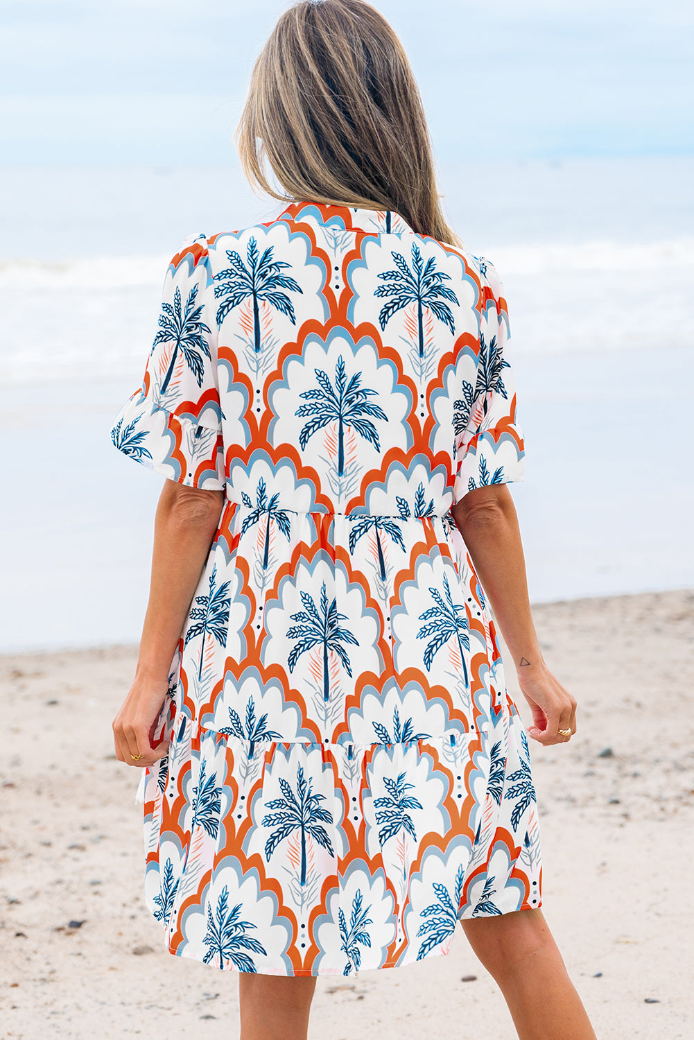 Palm Tree Printed Short Sleeve Flowy Dress - eAura