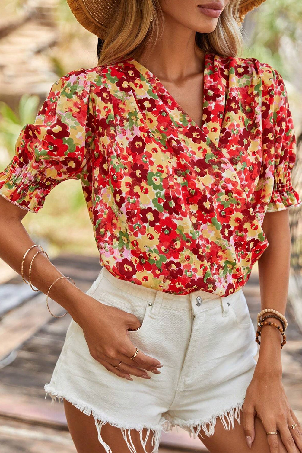 Floral Bubble Sleeve Pleated V-Neck Wrap Blouse eAura
