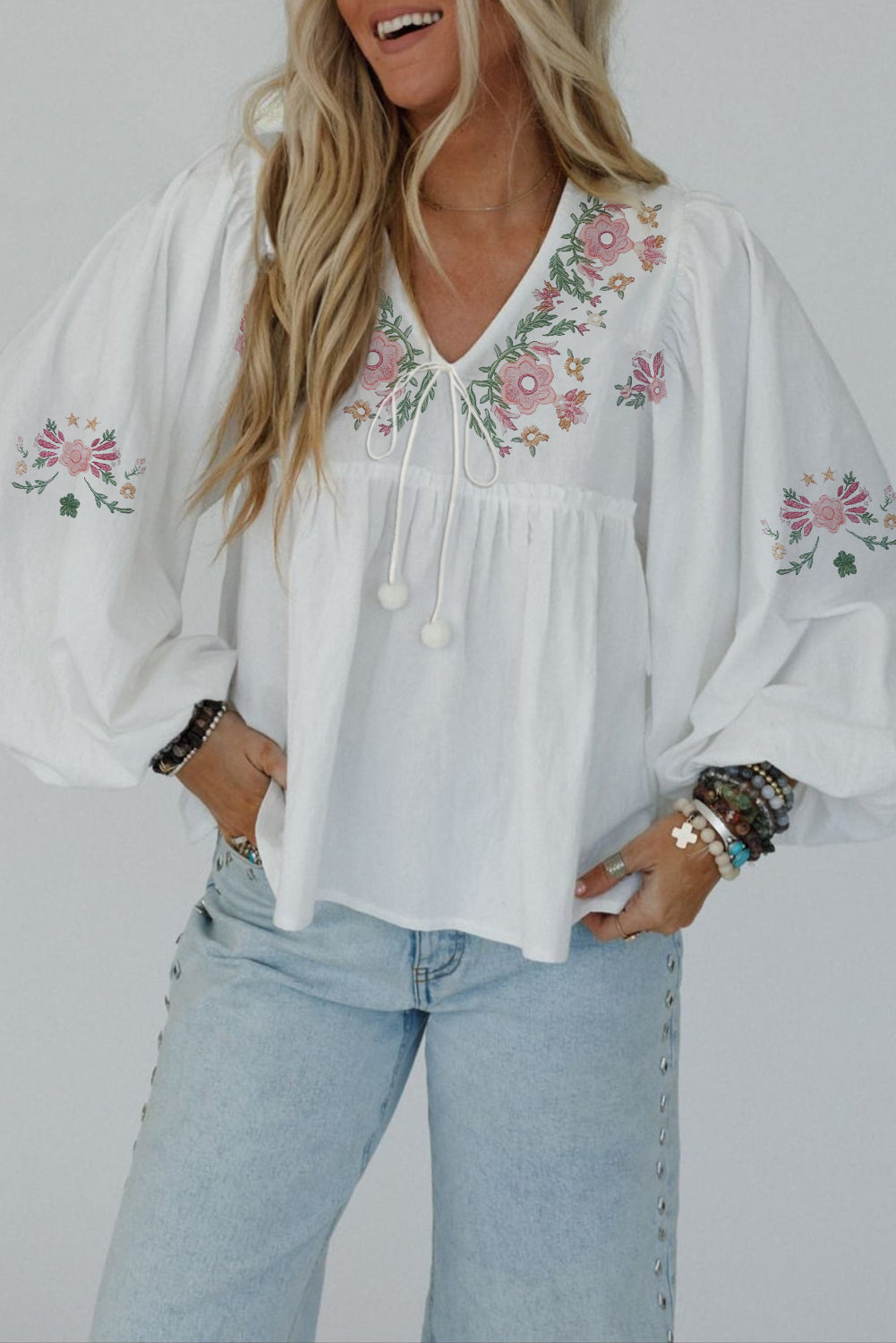 White Flower Lace-up V-Neck Babydoll Blouse eAura