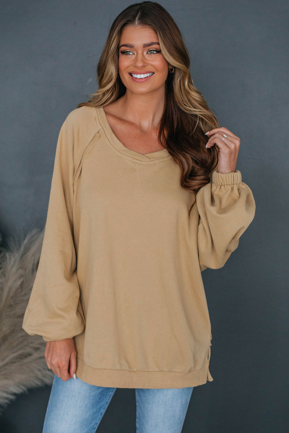 Light French Beige Solid Colour Lattice Hollow Out Back Sweatshirt eAura