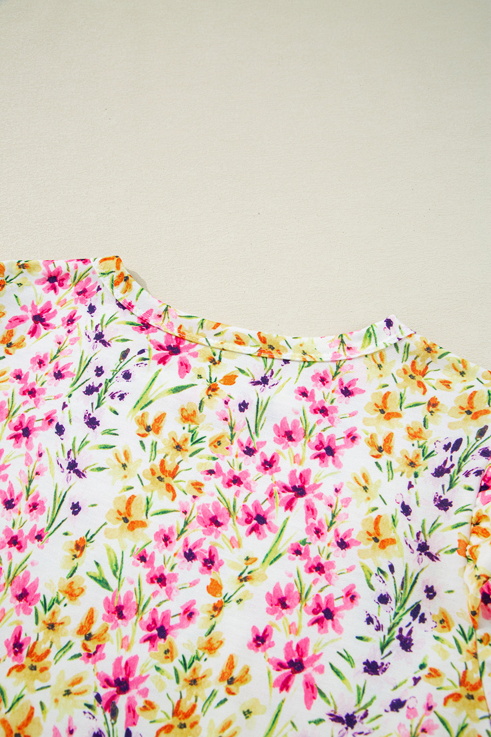 Pink Floral Puff Short Sleeve Crewneck Blouse eAura