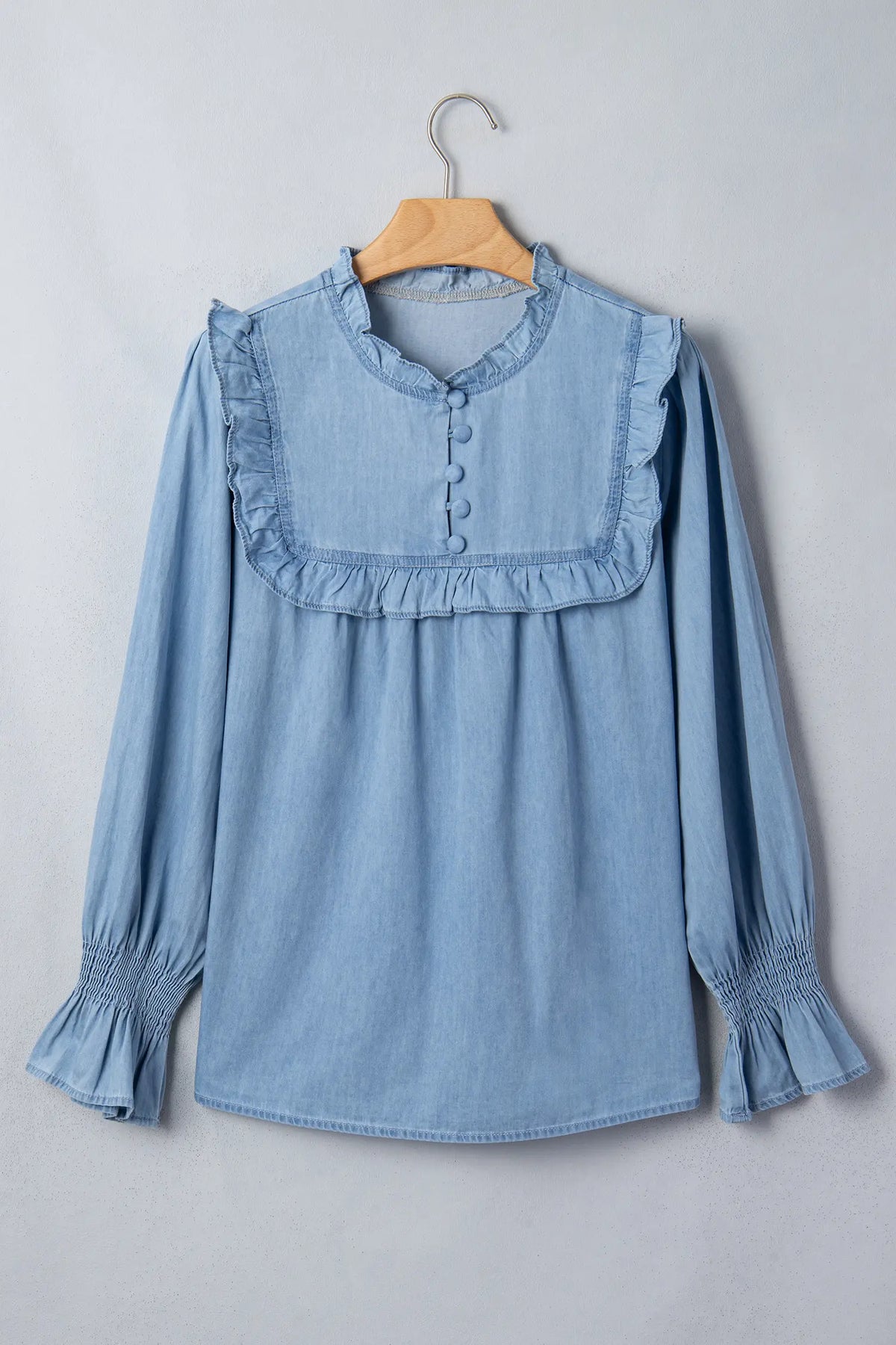 Beau Western Ruffle V Neck Long Sleeve Chambray Blouse – Blue
