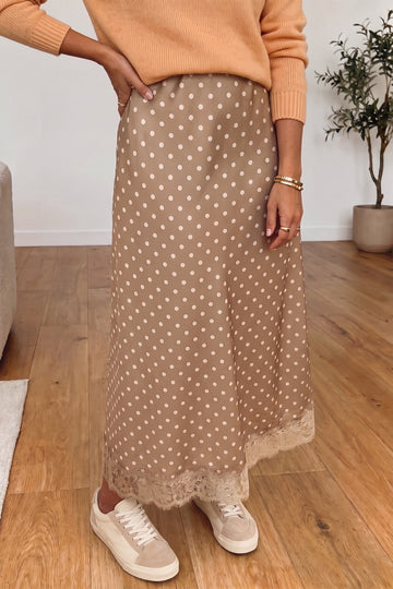 Polka Dot Lace Hem Elegant Long Shift Skirt – Khaki
