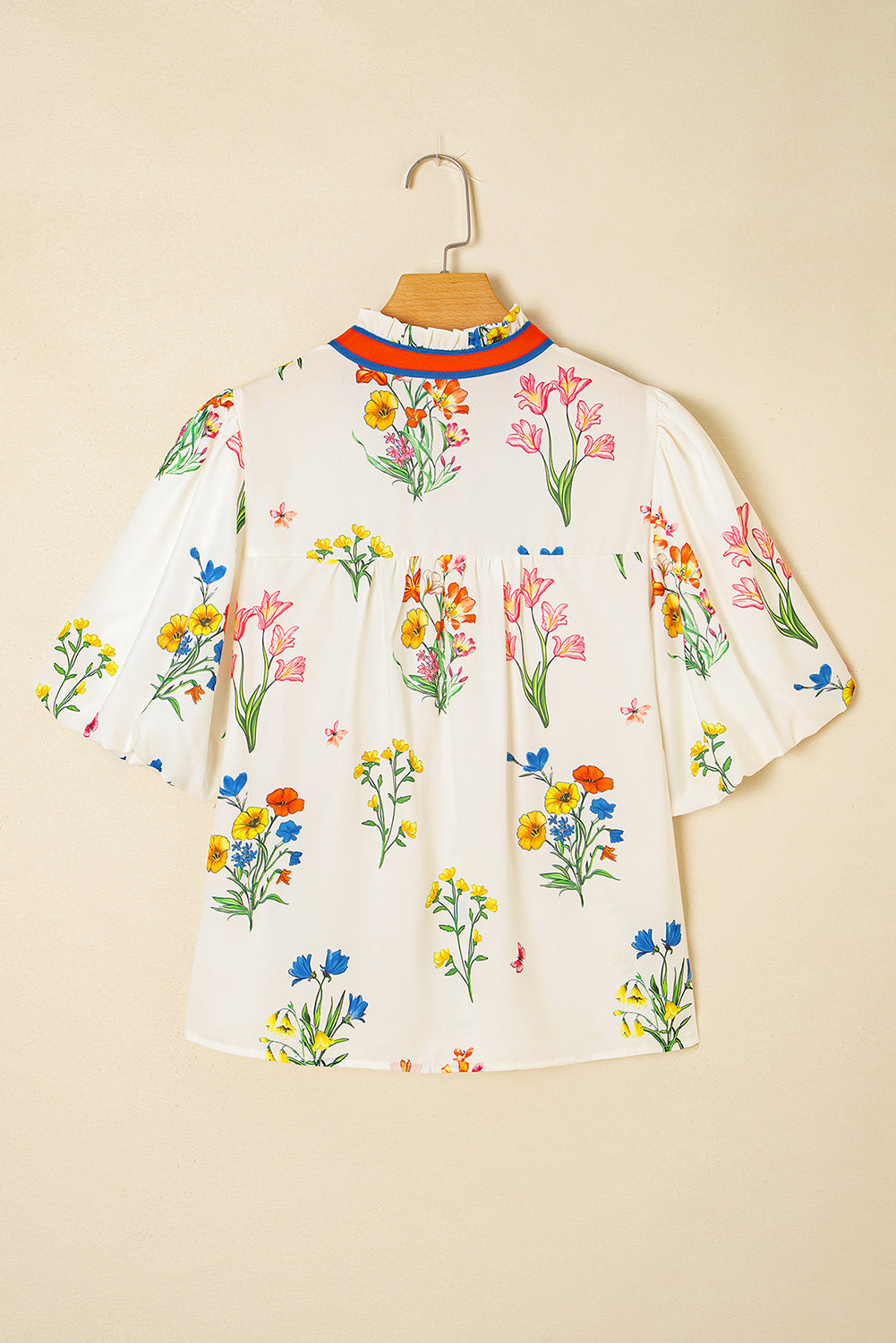 White Floral Short Puff Sleeve Contrast V Neck Print Blouse eAura