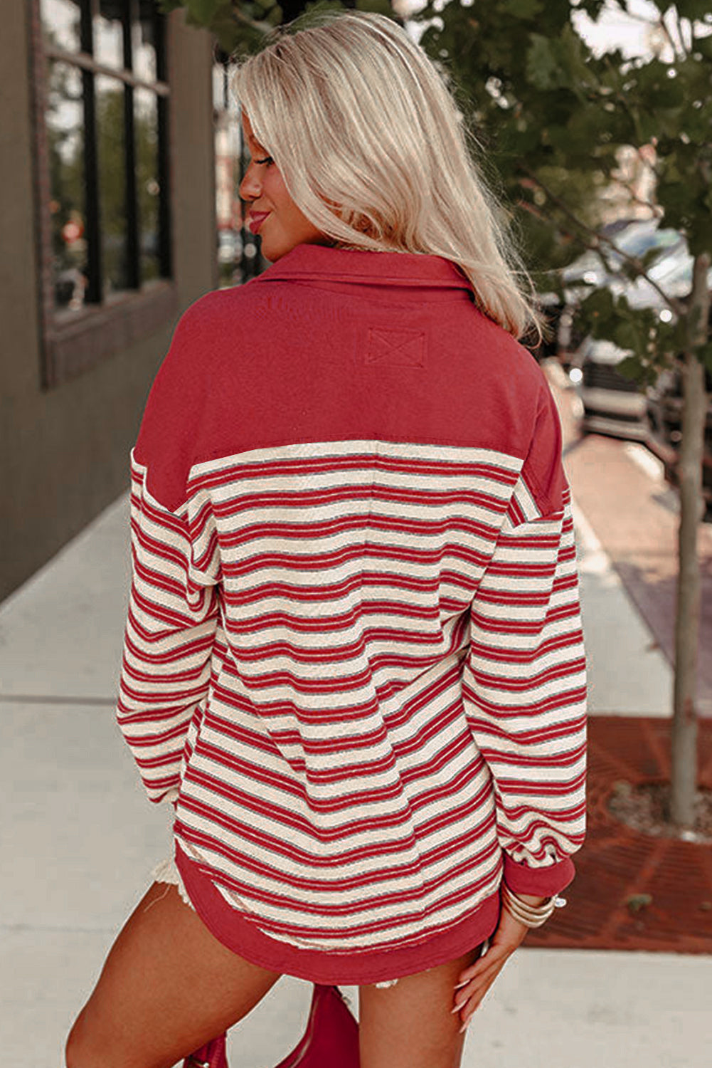 Red Stripe Buttoned V Neck Collared Drop Shoulder Top Beagle Boutique Fashion Outlet
