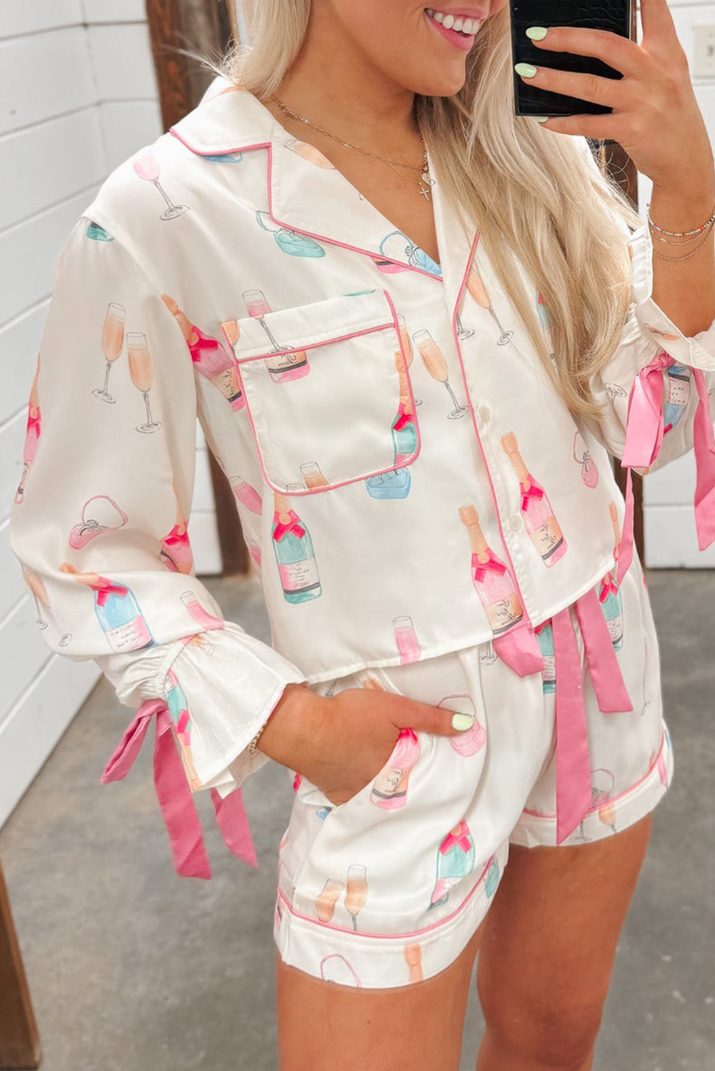 White Christmas Wine Glass Print Bow Knot Two Piece Pyjama Set - eAura