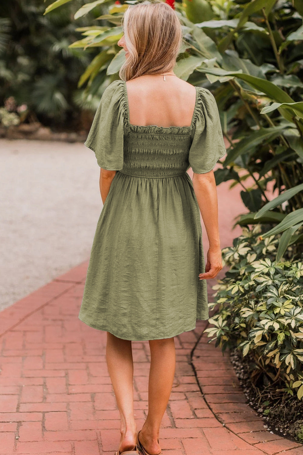 Grass Green Frilly Square Neck Flutter Sleeve Smocked High Waist Plus Size Dress BB Fashion Outlet