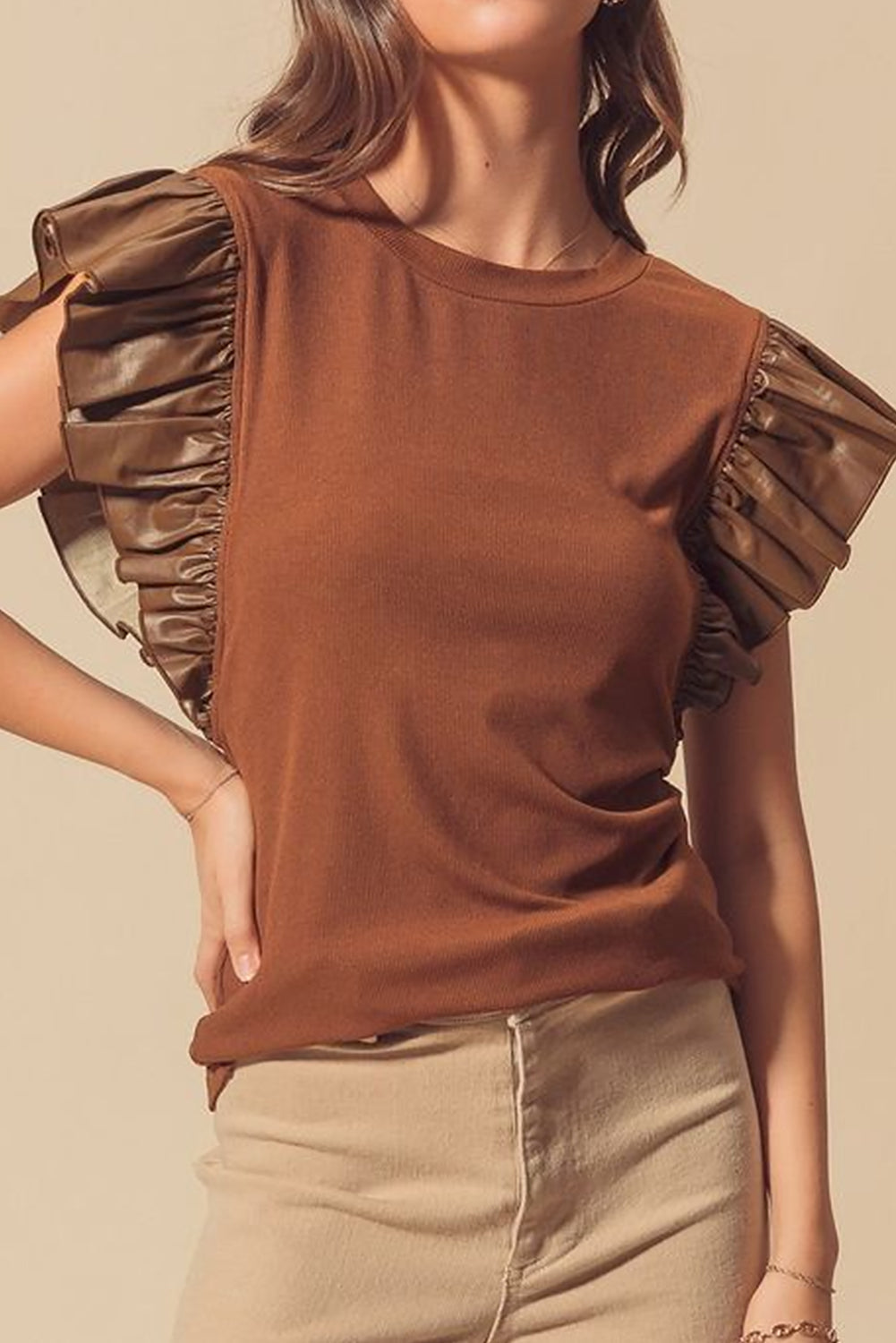 Cinnamon Leather Ruffle Sleeve Patchwork Round Neck Blouse eAura