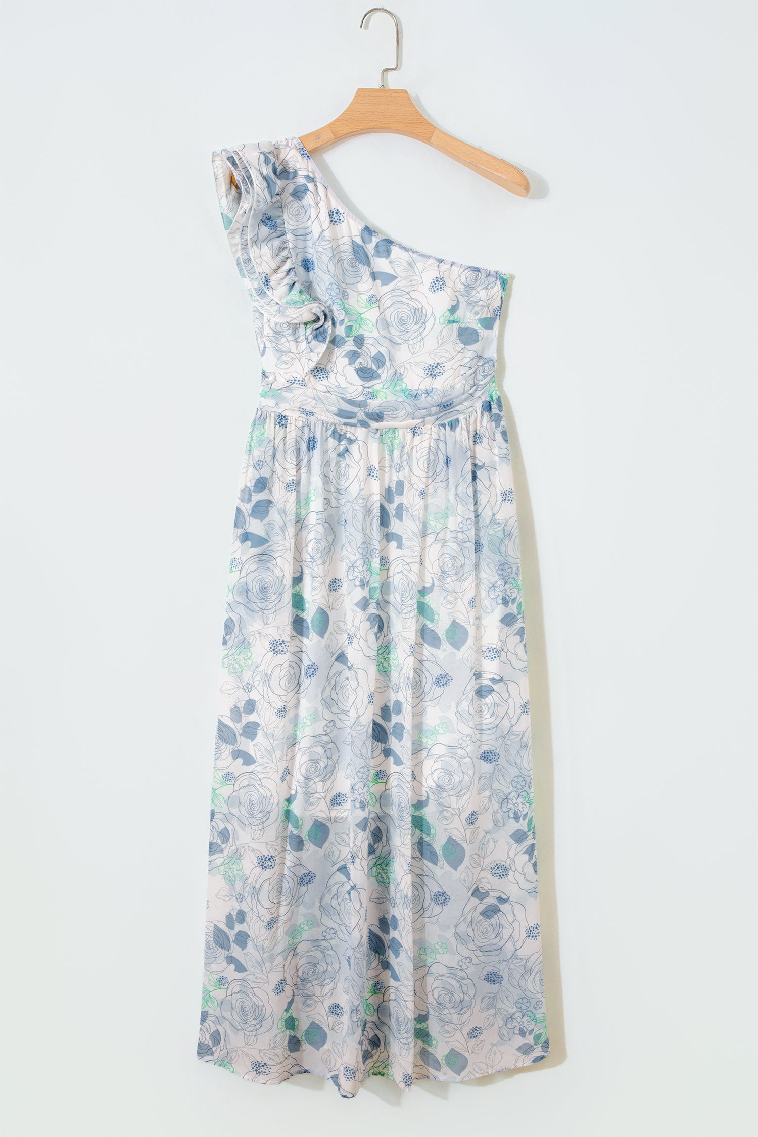 Sky Blue Floral Print Ruffled One Shoulder Maxi Dress
