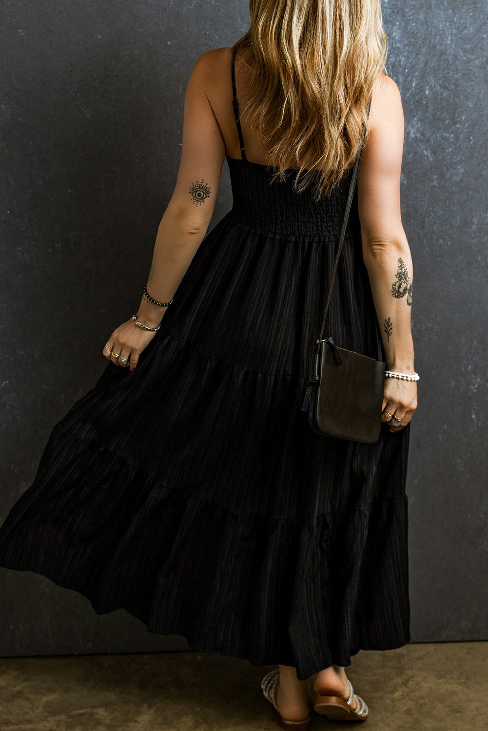 Black Spaghetti Straps Smocked Pleated Tiered Maxi Dress eAura