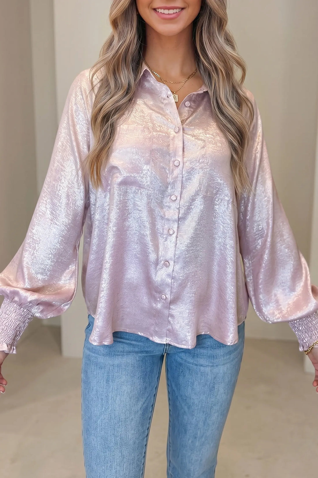Long Sleeve Button Front Ruffle Cuffs Back Paneling Shirt – Delicacy