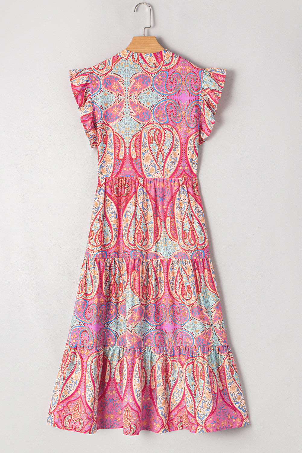 Rose Tribal Paisley Print Ruffled Sleeve Notch Neck Midi Dress eAura