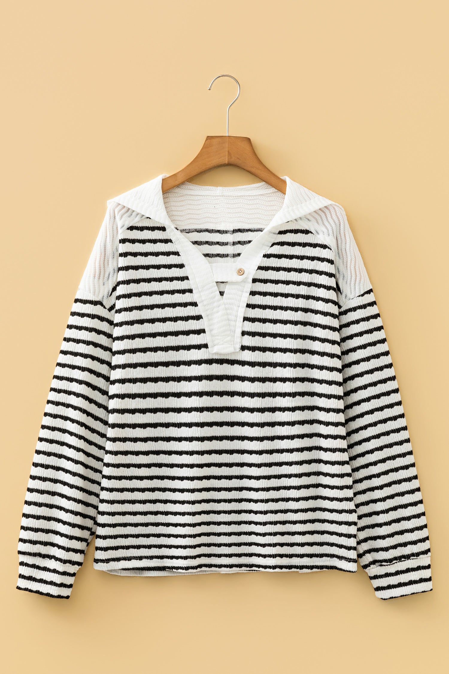 Striped Textured Hooded V-Neck Top