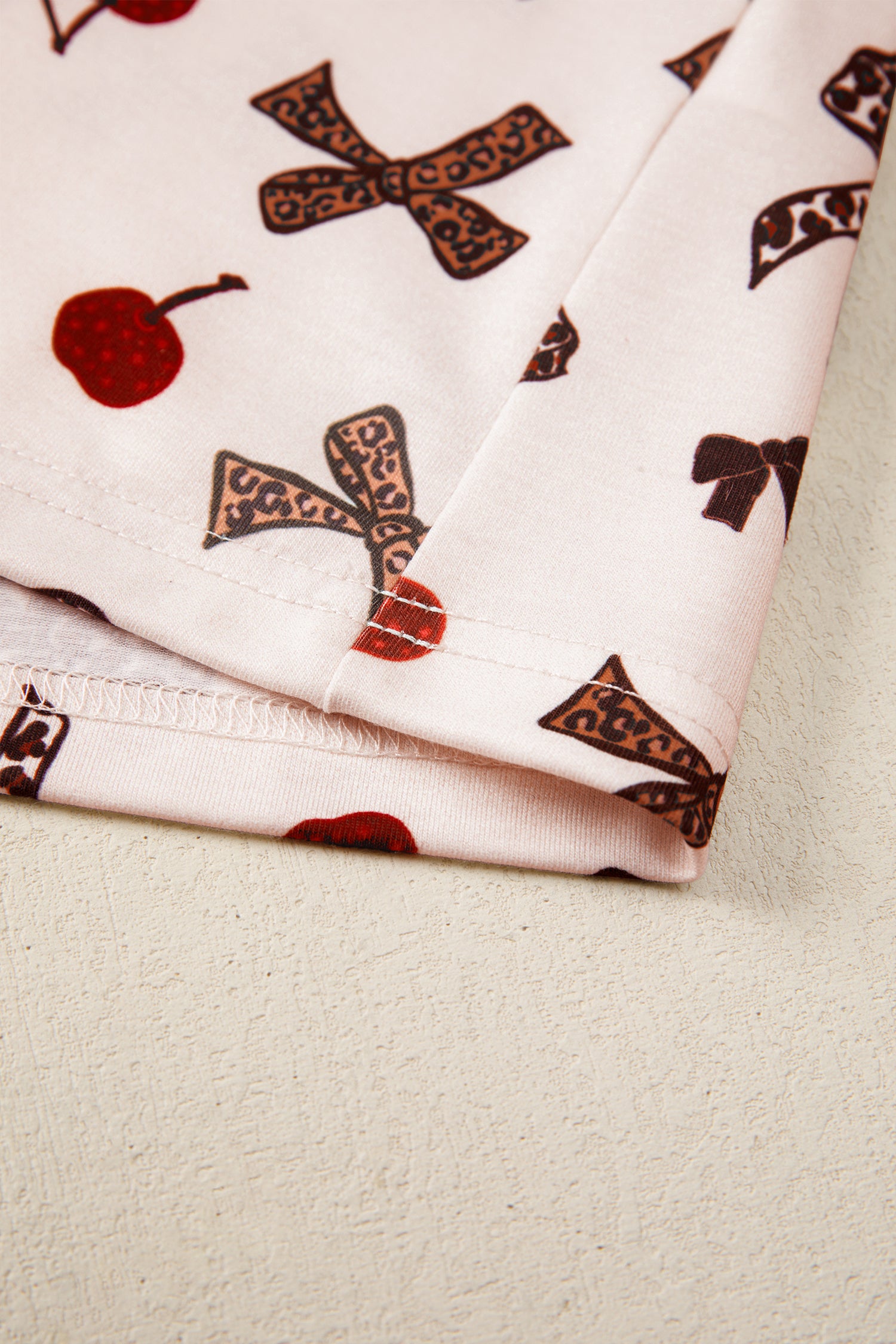 Chic Bow Cherry Print Leopard Contrast Shirt and Drawstring Pyjams
