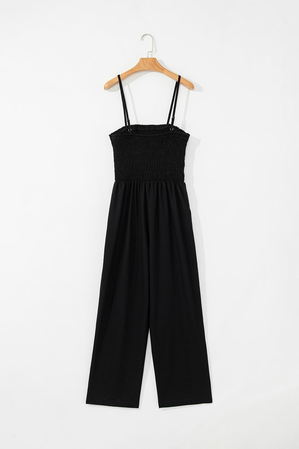 Black Spaghetti Straps Shirred Bodice Pocketed Wide Leg Jumpsuit eAura