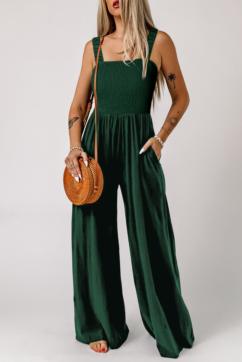 Green Smocked Sleeveless Wide Leg Jumpsuit with Pockets eAura