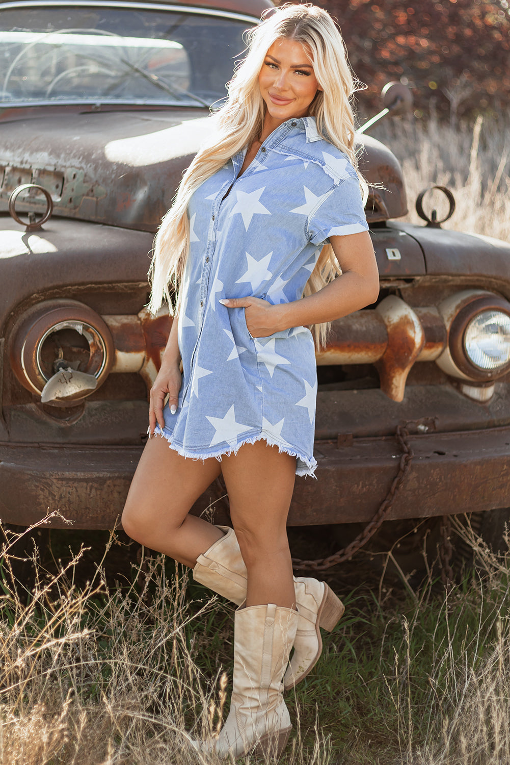 Sky Blue Stars Frayed Hem Collared Short Sleeve Denim Dress eAura