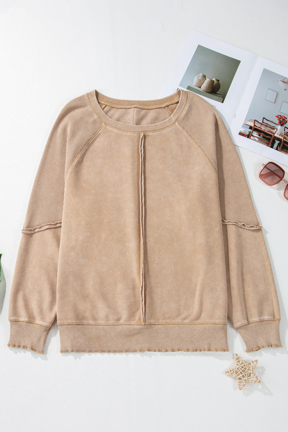 Black Solid Waffle Knit Patchwork Raglan Sleeve Sweatshirt Dear-Lover Dropshipping