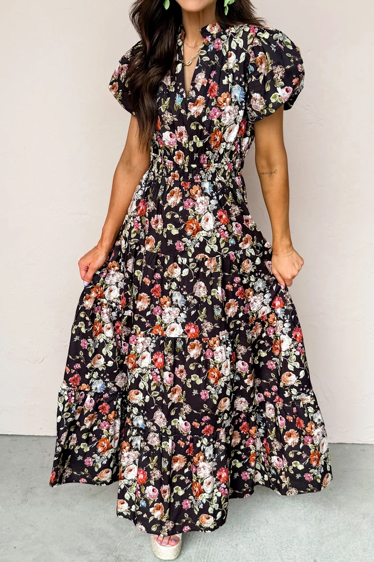 Floral Print V-Neck Pleated Tiered Maxi Dress