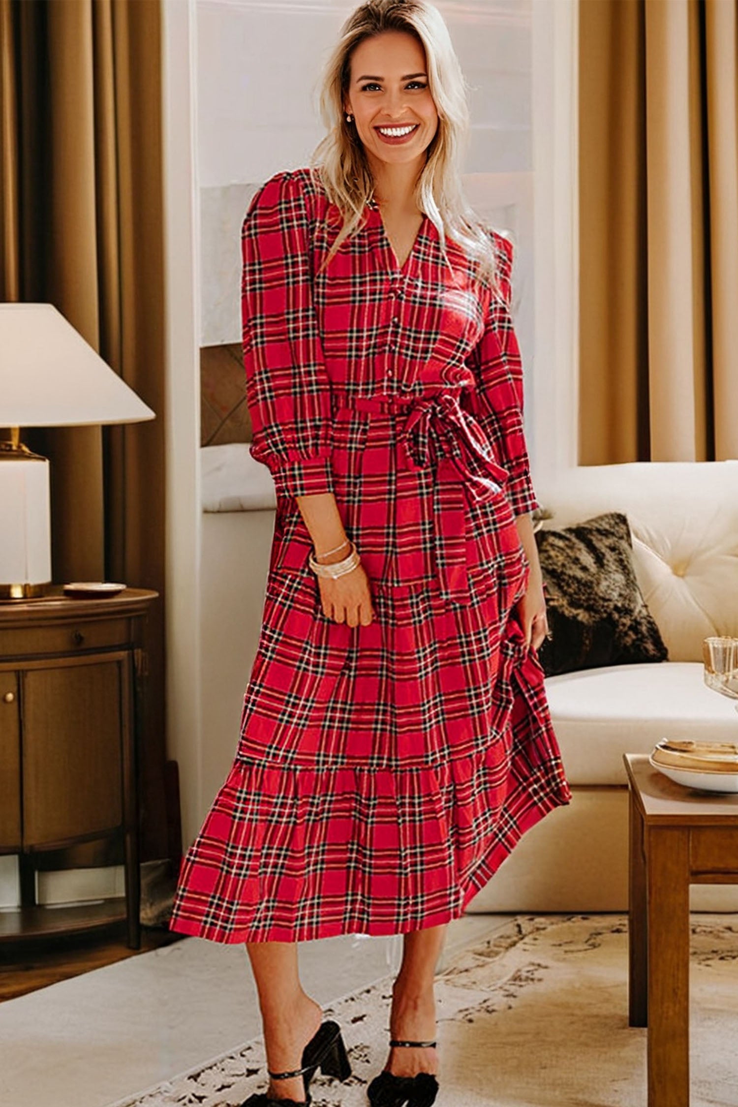 Christmas Plaid Print V-Neck 3/4 Sleeve Tie Waist Long Dress - eAura