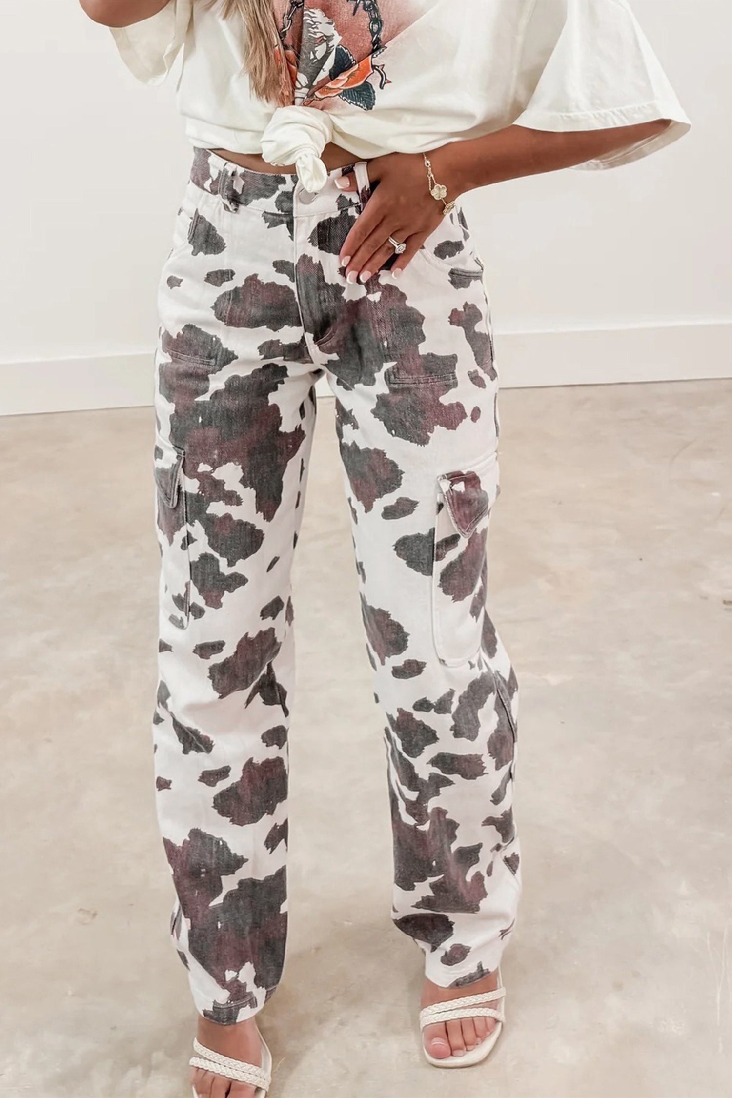 Brown Cow Spots Printed Multi Pocketed Jeans - 4 USA - Bottoms/Jeans
