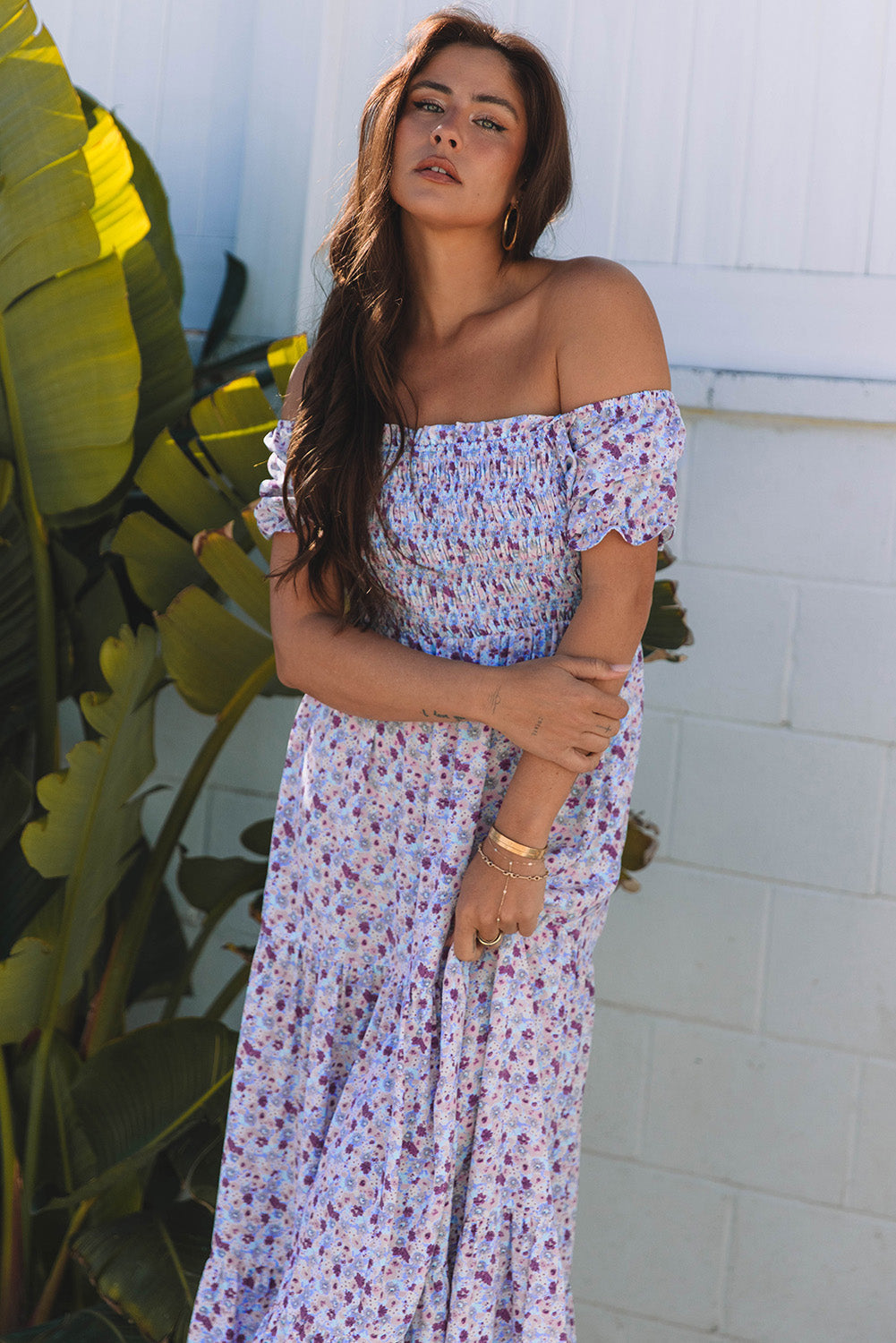 Purple Floral Short Bubble Sleeve Shirred High Waist Maxi Dress eAura