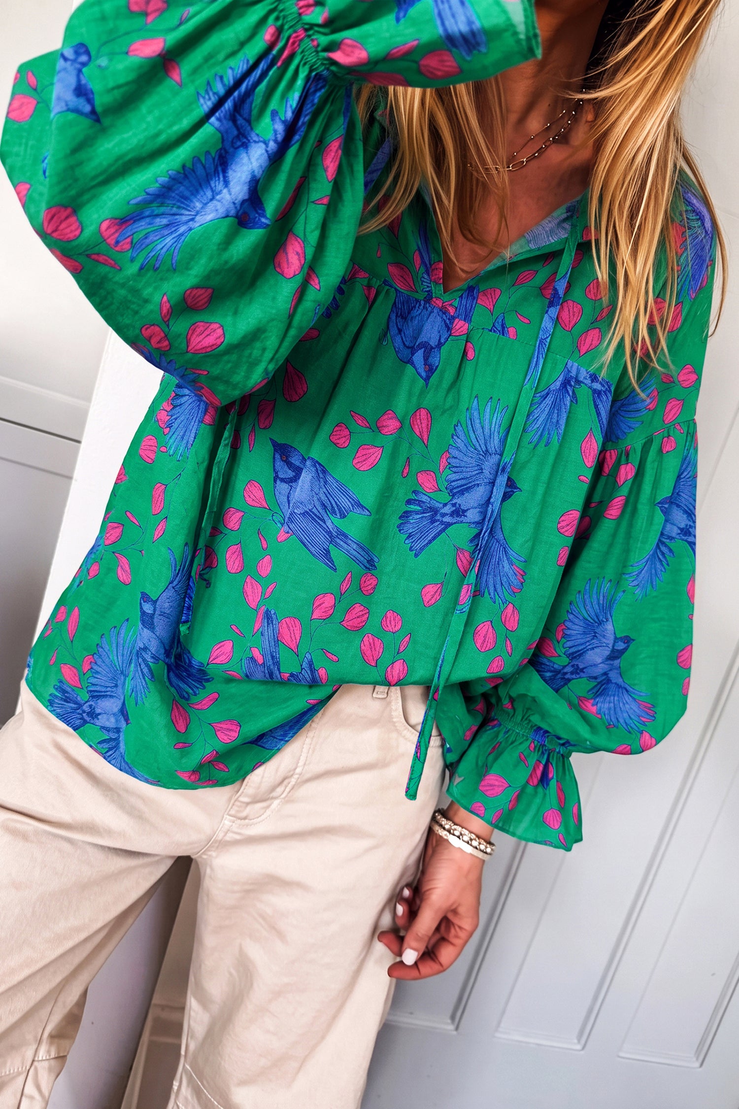 Abstract Print V Neck Flounced Puff Sleeve Blouse – Green